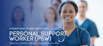 Personal support worker wearing a stethoscope in a healthcare environment.